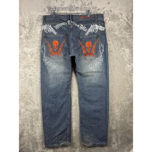 Vintage Black Label Baggy Jeans Mens Size 36 (fits 40x31) Skull Logo Y2K Grunge